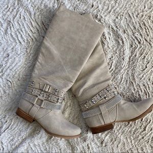 Women’s Knee High Rhinestone Belted Boots CREAM 8